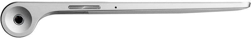 Side view of Apple iPad Pro showing slim silver body, cylindrical edge with camera lens, button, and tapering profile.