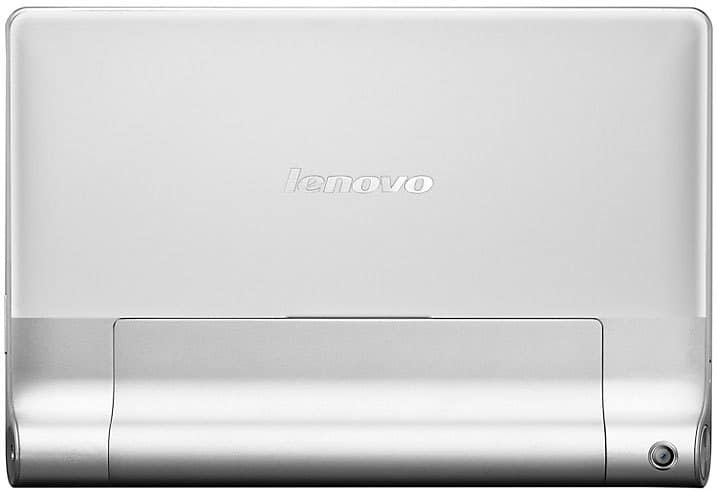 Rear view of a silver Lenovo Yoga tablet with center logo, bottom right camera, and cylindrical kickstand at the base.