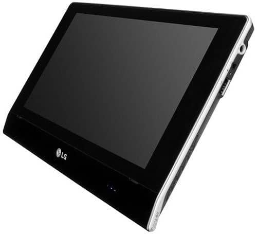 LG tablet, likely G Pad, front view at angle showing widescreen display, glossy bezel, and LG logo below the screen.
