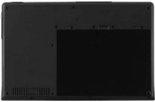 Bottom view of closed black laptop, rectangular battery compartment, visible screws, and left-side ventilation slits. Brand/model unspecified.