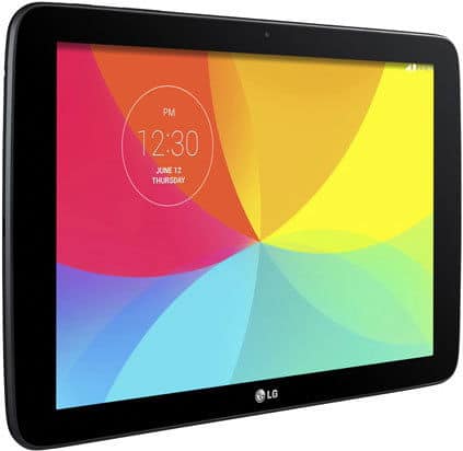 Front view of black LG tablet showing abstract wallpaper, 12:30 PM, and Thursday, June 12 in white text on the display.
