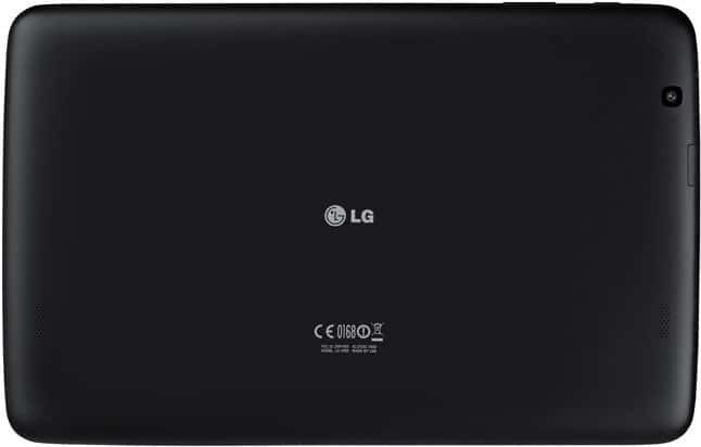 Rear view of black LG tablet shows centered LG logo, top-right rear camera, and certification markings at the bottom.