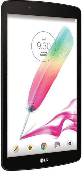 Front view of black LG tablet showing display with colorful feather graphic, app icons, and time 9:30 AM, Monday, August 3.
