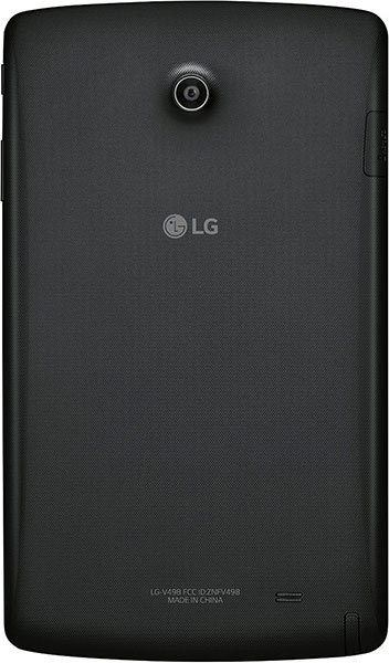 Rear view of black LG tablet with centered LG logo, rear camera top-left, and speaker grille at lower right corner.