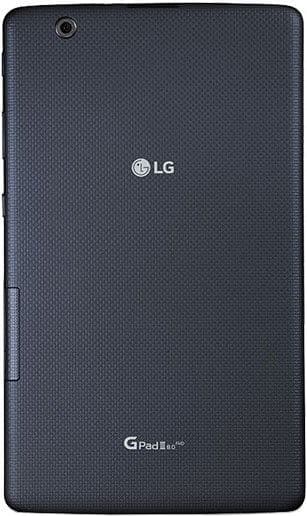 Rear view of black LG G Pad tablet showing top left rear camera, central LG logo, and "G Pad II 8.0" branding at the bottom.