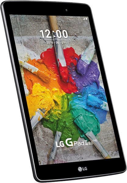 Front view of black LG G Pad II 8.0 HD tablet showing colorful screen, time 12:00, date 2016-06-01, and logo at bottom.