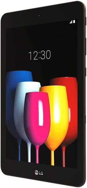 LG tablet shows four colorful wine glasses on screen with 12:30 time, viewed from front right angle.