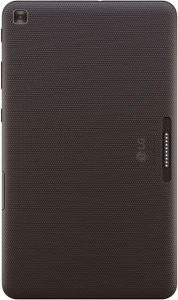 Rear view of black LG tablet with textured finish, rear camera top left, and gold-pin connector port near center right.