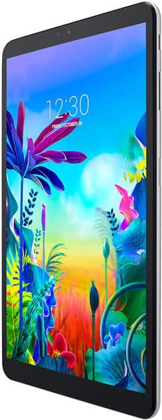 Front view of tablet screen with tropical-themed background, distorted by vertical and diagonal pixelated glitch lines.