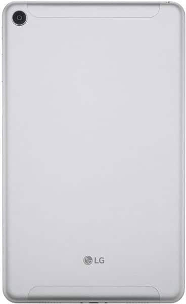 Rear view of silver LG tablet, single rear camera top left, LG logo centered at bottom. Model unspecified.