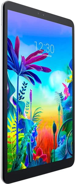 Front view of tablet screen showing colorful abstract flowers with glitch effects; "October 21" appears in the top right.