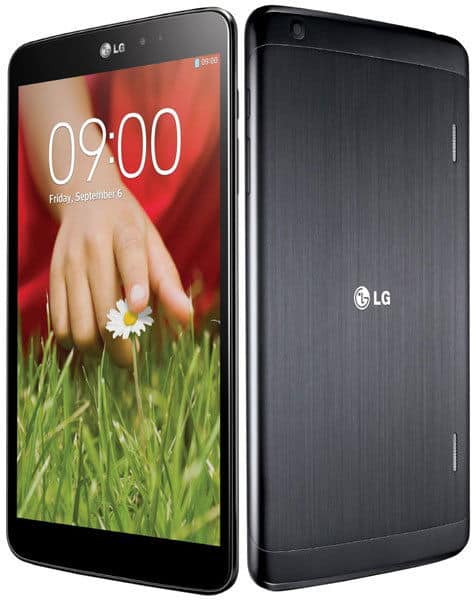 LG tablet front and back views; display shows 09:00, Sept 6, with a hand picking a daisy. Rear features brushed metal and LG logo.