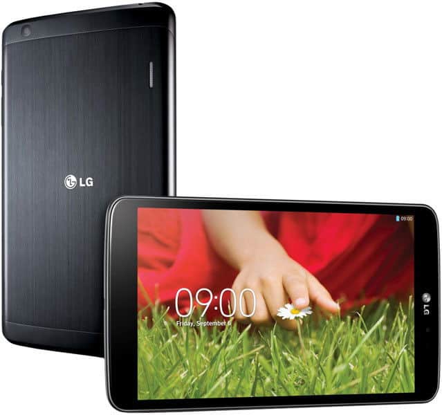 Front and rear view of LG tablet; front shows hand touching grass at 09:00, Sept 6. Rear displays LG logo. Model unspecified.