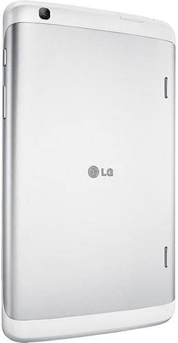 Rear view of LG tablet, silver and white finish, camera on top left, centered LG logo on back panel. Model not specified.