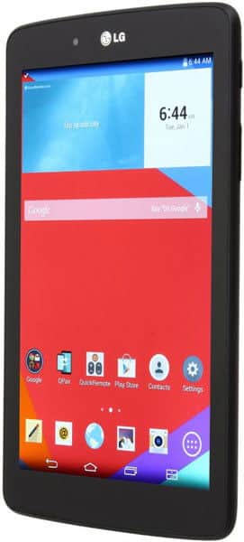 Front view of a black LG tablet showing home screen with app icons and widgets, time 6:44, date Tuesday, January 1.