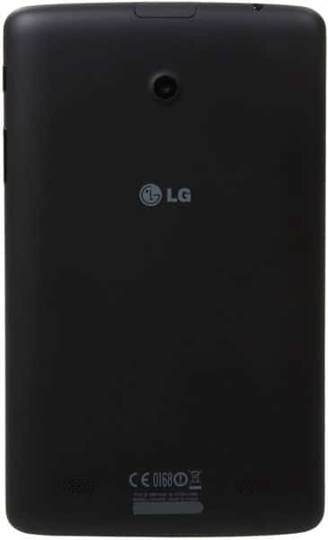 Rear view of black LG tablet with centered logo, top camera, bottom speaker grilles, and regulatory info by the lower edge.