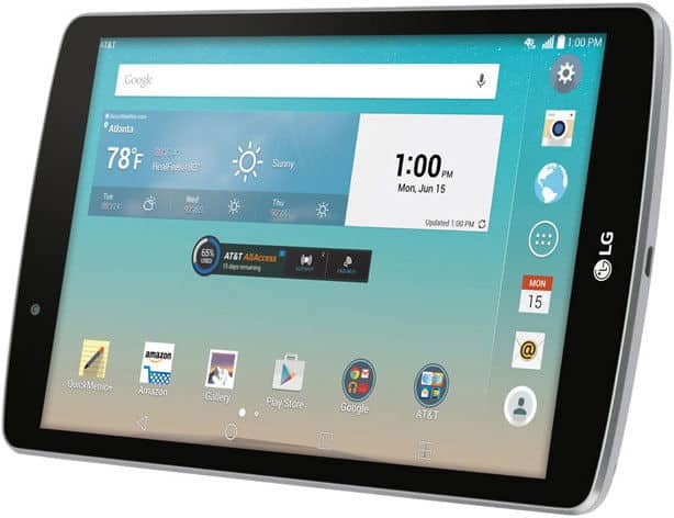 Front view of black LG tablet showing home screen with 1:00 PM, June 15, Atlanta weather, Chrome, Amazon, Gallery apps.