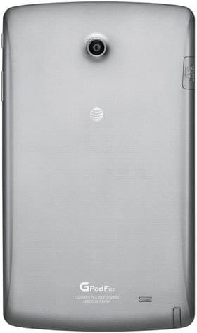 Rear view of silver LG G Pad F 8.0 showing top-center camera, centered AT&T logo, and branding at the bottom.