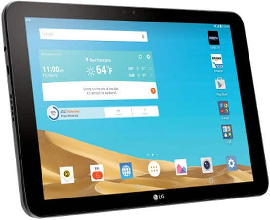 LG tablet, front view, screen on with app icons, San Francisco weather widget, and sand dune wallpaper under blue sky.