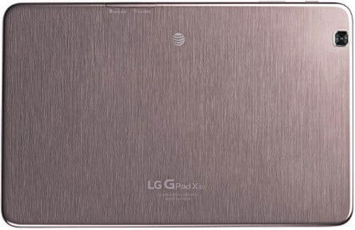 Rear view of LG G Pad X 8.0 tablet in metallic finish with centered AT&T logo and camera at top right corner.