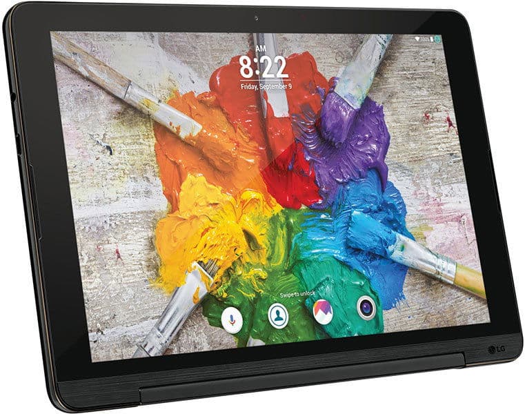 Front view of black tablet, possibly Samsung Galaxy Tab, screen on showing rainbow spiral art, 8:22 AM time, app icons below.