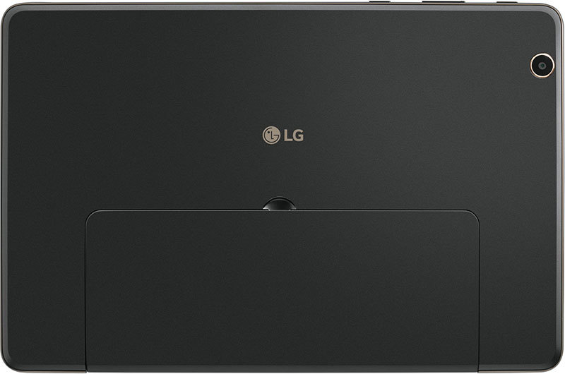 Rear view of black LG tablet; rear camera top-right, LG logo center, rectangular panel near bottom. Model not specified.