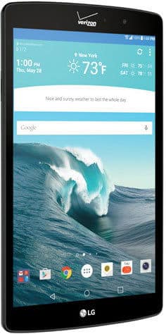 Front view of a black LG tablet on home screen, ocean wave wallpaper, Verizon logo on top bezel, weather widget and app icons visible.
