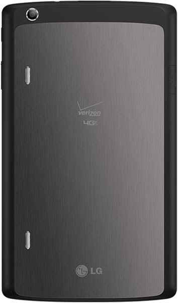 Rear view of black LG tablet; brushed metal finish, Verizon 4G LTE logo, top left camera, side speaker grills.