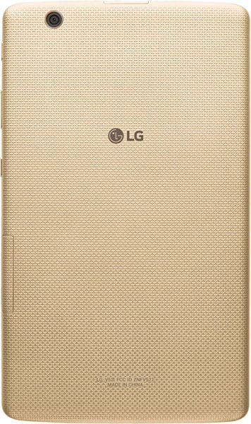 Rear view of gold LG tablet with textured back, top-left camera, and centered LG logo; style resembles Alcatel Pop 4.