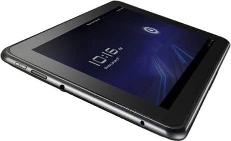 Black tablet, angled side view; screen shows 10:16 and Monday, July 25. Edge buttons visible. Brand/model not specified.