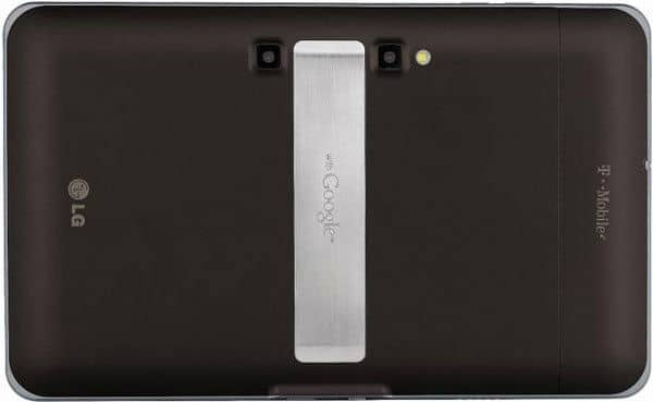 Rear view of LG tablet, metallic center strip, “with Google,” dual cameras, flash, and T-Mobile branding on the right.