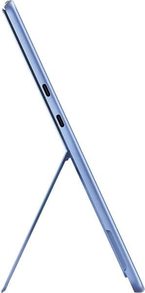 Blue tablet in side view on kickstand, displaying two USB-C ports along the edge.