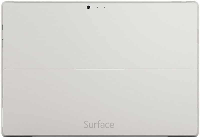 Rear view of Microsoft Surface tablet showing camera, mic holes, kickstand seam, and "Surface" engraving near the bottom.