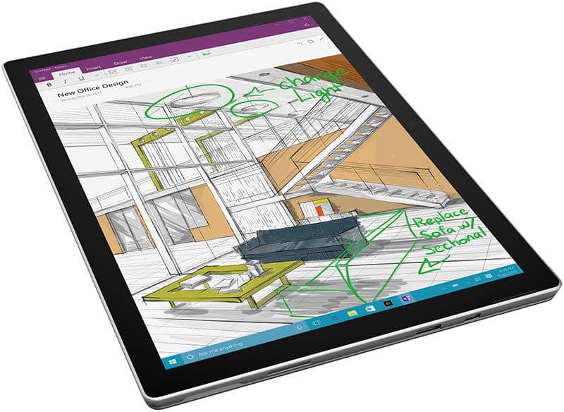 Front view of a tablet showing a digital office sketch with handwritten design notes like "change light" and "replace sofa.