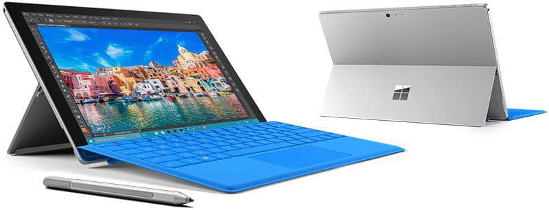 Microsoft Surface tablets shown: front view with display on, rear view with kickstand out, blue keyboards, stylus in front.