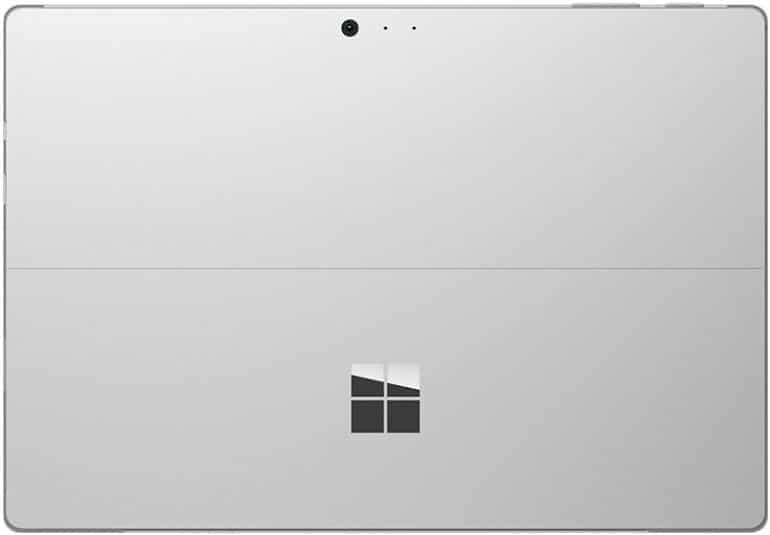 Rear view of a silver tablet with top-center camera, Microsoft logo near bottom, smooth finish, and horizontal seam across the back.