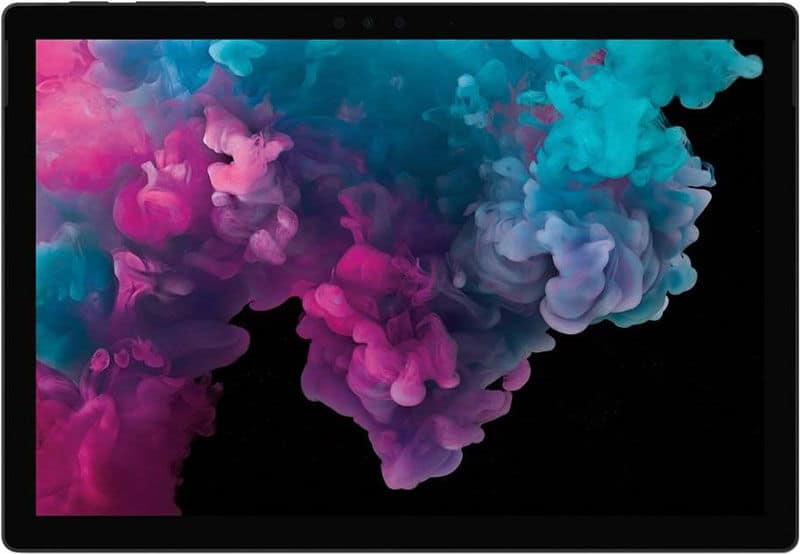 Front view of a tablet screen showing vibrant blue and pink smoke clouds on black, display fills entire Samsung Galaxy Tab.