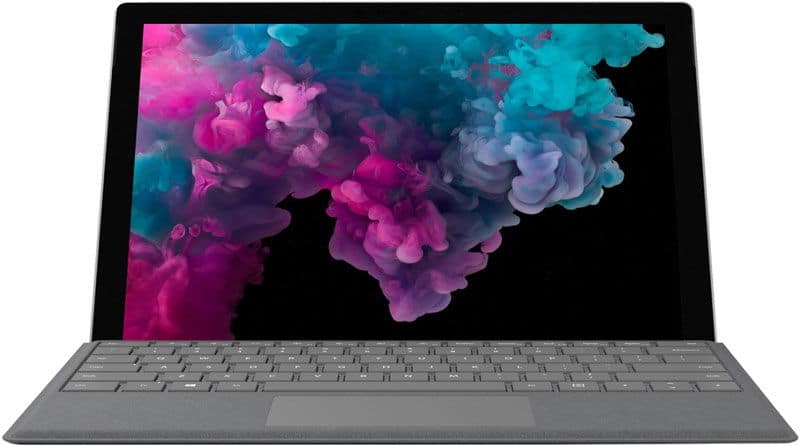Front view of a tablet with gray keyboard attached, screen showing vibrant abstract cloud design in purple, teal, blue, and pink.