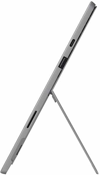 Microsoft Surface Pro shown from the side on its kickstand, displaying edge ports and buttons against a plain white background.