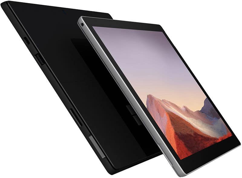 Front view shows tablet screen with landscape image; rear view displays slim, metallic back design. Model/brand not specified.