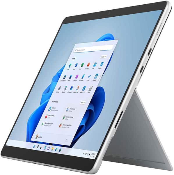 Front view of a Microsoft Surface Laptop with Windows 11 desktop, screen showing distortion and diagonal lines across display.