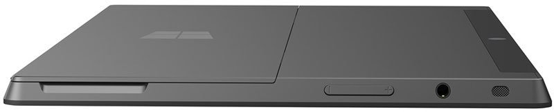 Side view of closed Microsoft Surface tablet showing kickstand, headphone jack, port, and partial Windows logo on back.