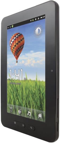 Front view of a black tablet showing a colorful home screen with hot air balloon, 1:41 PM, and five app icons at the bottom.