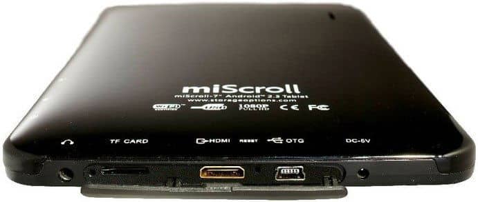 Rear close-up of black miScroll tablet displaying TF card slot, mini HDMI, reset, OTG, DC 5V ports, and model info on back.