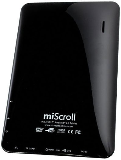 Rear view of black miScroll 7" Android tablet showing microSD, HDMI, USB, power ports, logo, and specs at the bottom.