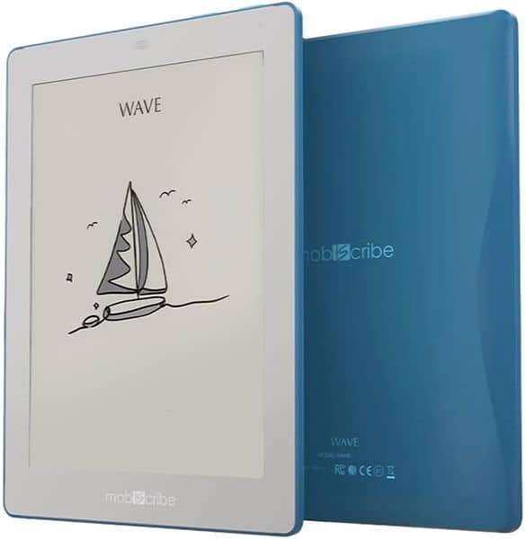 Mobiscribe WAVE e-ink tablet in blue and white, shown front and back; screen displays sailboat, birds, and waves.