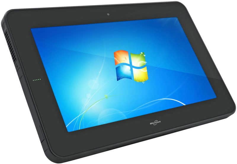 Black Windows tablet, possibly a Samsung Series 7 Slate, front angled view showing Windows 7 login screen on white background.