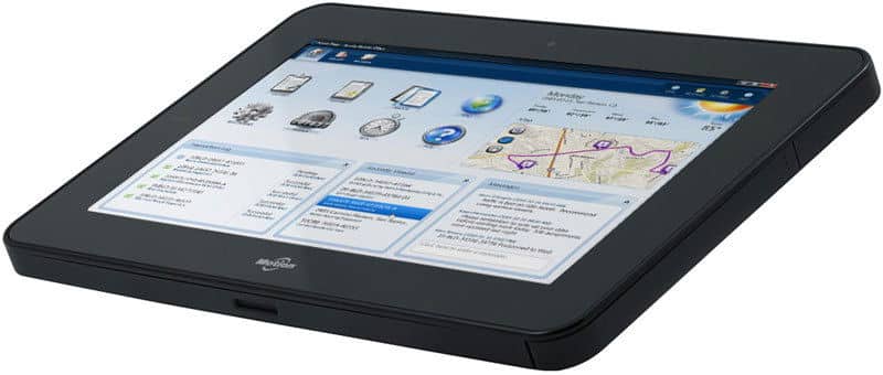 Front view of a black tablet with rounded corners showing weather, maps, calendar, email, and app icons on a white background.