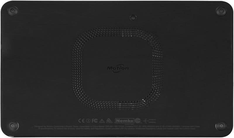 Bottom view of tablet showing central vent, four corner rubber feet, and certification markings. Brand/model not specified.