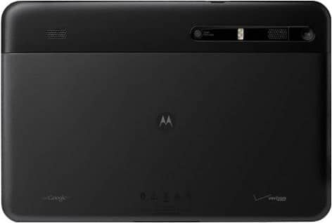 Rear view of Motorola Xoom tablet with center logo, top-right camera and flash, speaker grilles, Verizon and Google branding.